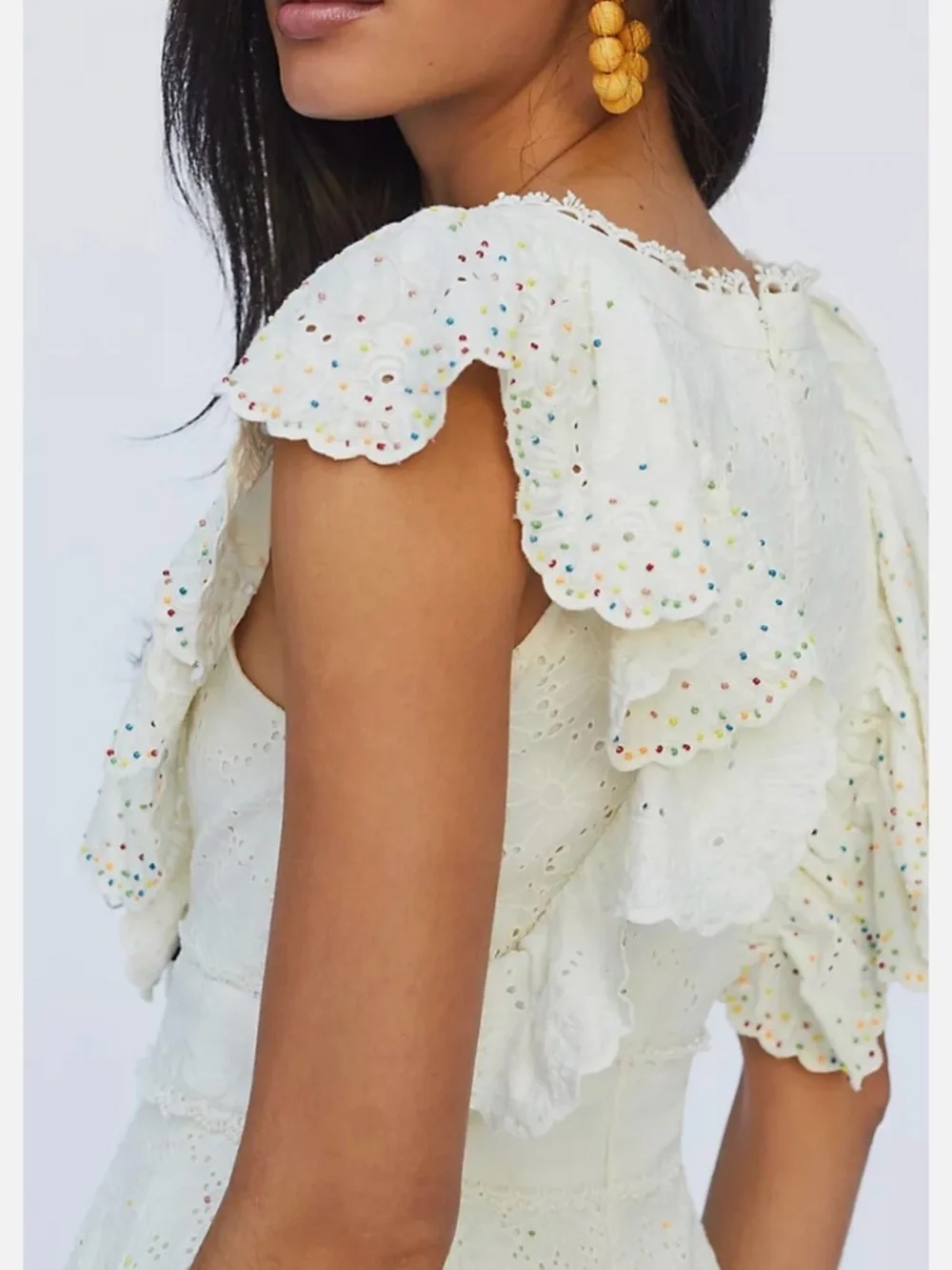 FARM Rio Ivory Eyelet Ruffle V-Neck Dress with Multicolor Beaded Dots - Picture 4 of 16